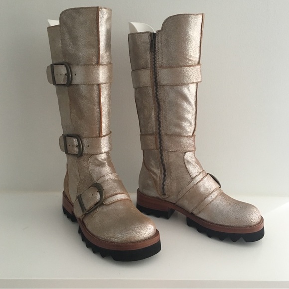 Anthropologie Shoes - 3 Buckle Distressed Silver Leather Moto Boot